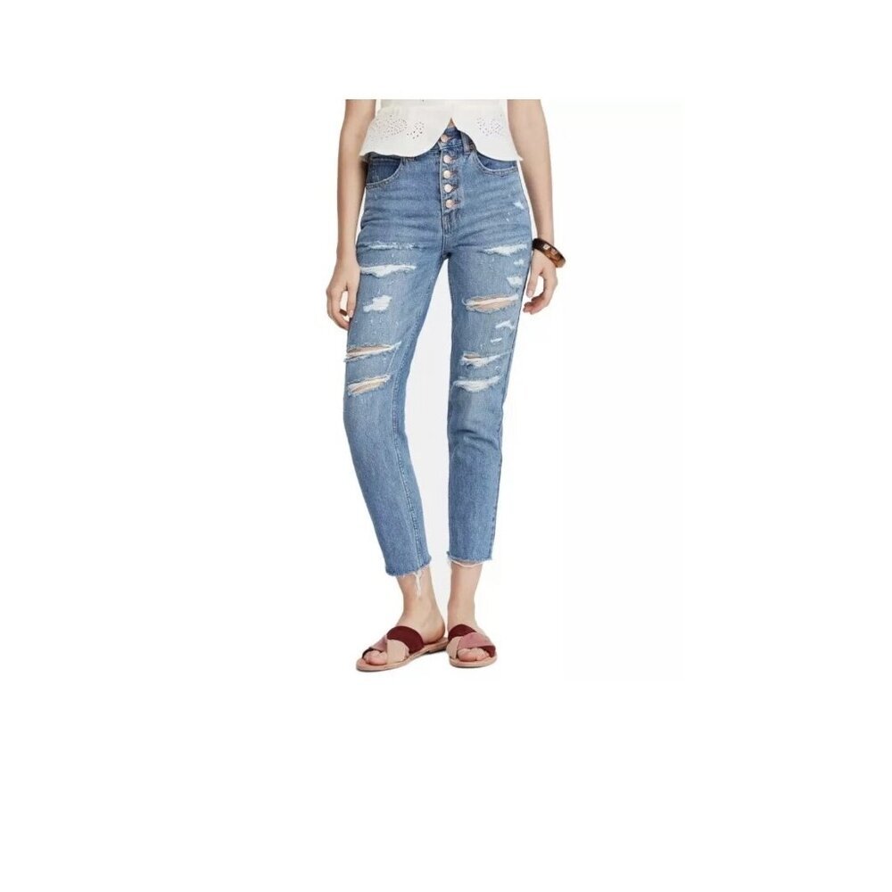 Free People Skinny Cropped Jeans Women 28 Button Fly High Rise Distressed Boho